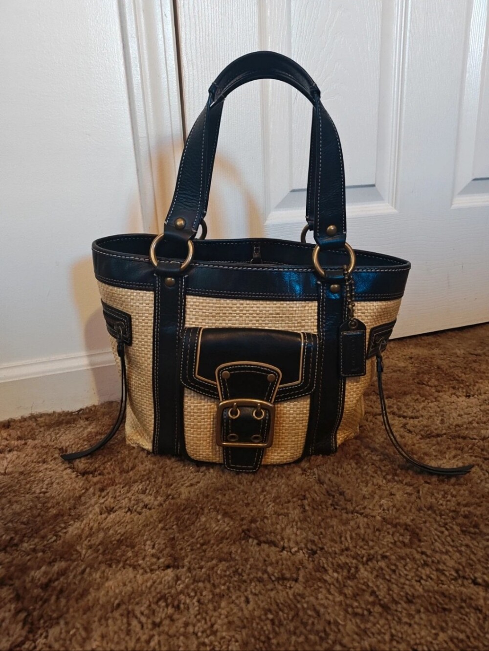 Coach Legacy Vintage Woven Straw And Black Leather Tote EUC - Picture 2 of 10